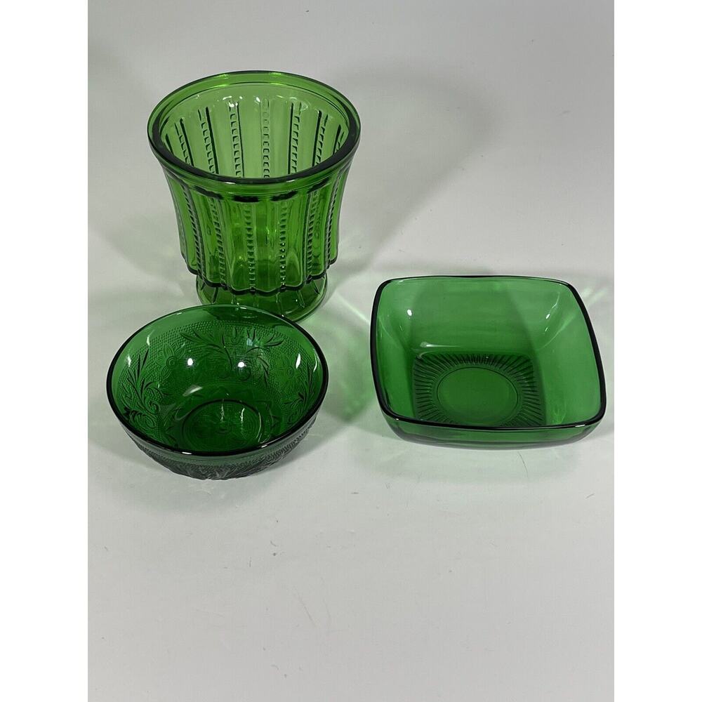 Lot Of 3 - Vintage Anchor‎ Hocking Forest Green Sauce Bowl + Dessert Bowl + Vase
